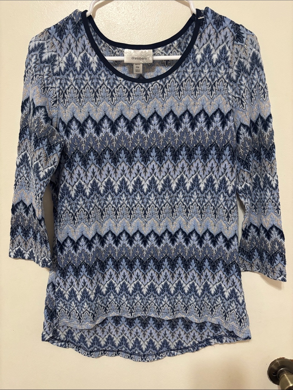 dressbarn Navy and Light Blue Patterned Long Sleeve Top